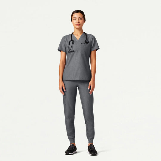 Jaanuu Scrubs Women's Rhena Slim 1-Pocket Scrub Top Heather Gray | scrub-supply.com