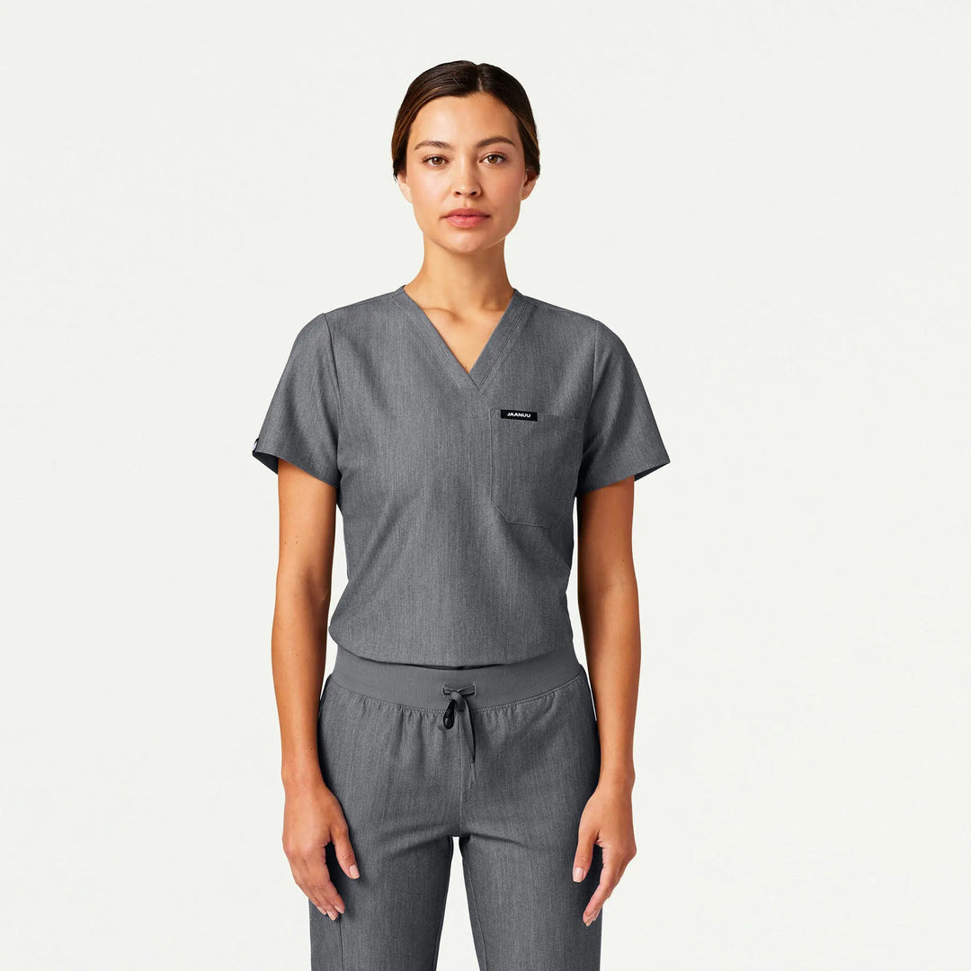 Jaanuu Scrubs Women's Rhena Slim 1-Pocket Scrub Top Heather Gray | scrub-supply.com