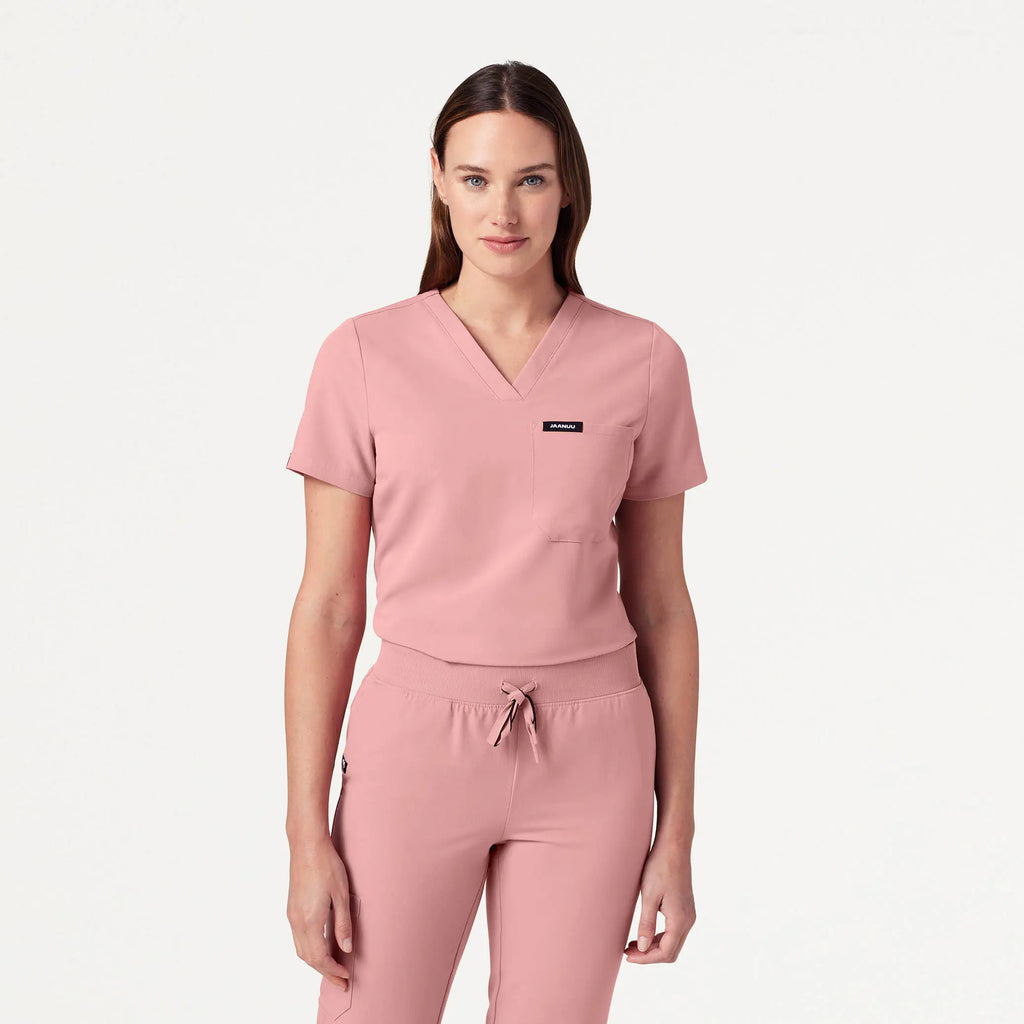 Jaanuu Scrubs Women's Rhena Slim Essential 1-Pocket Scrub Top Mauve | scrub-supply.com