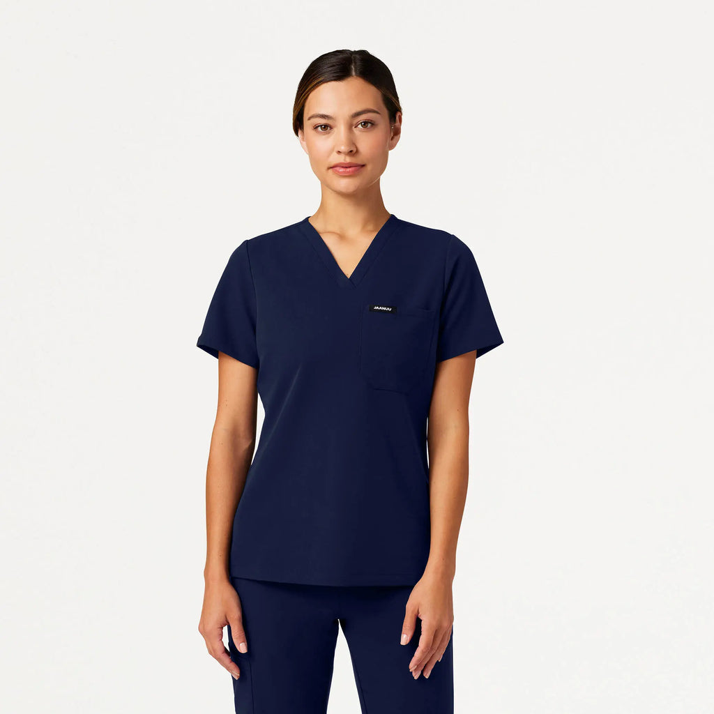 Jaanuu Scrubs Women's Rhena Slim Essential 1-Pocket Scrub Top Midnight Navy | scrub-supply.com