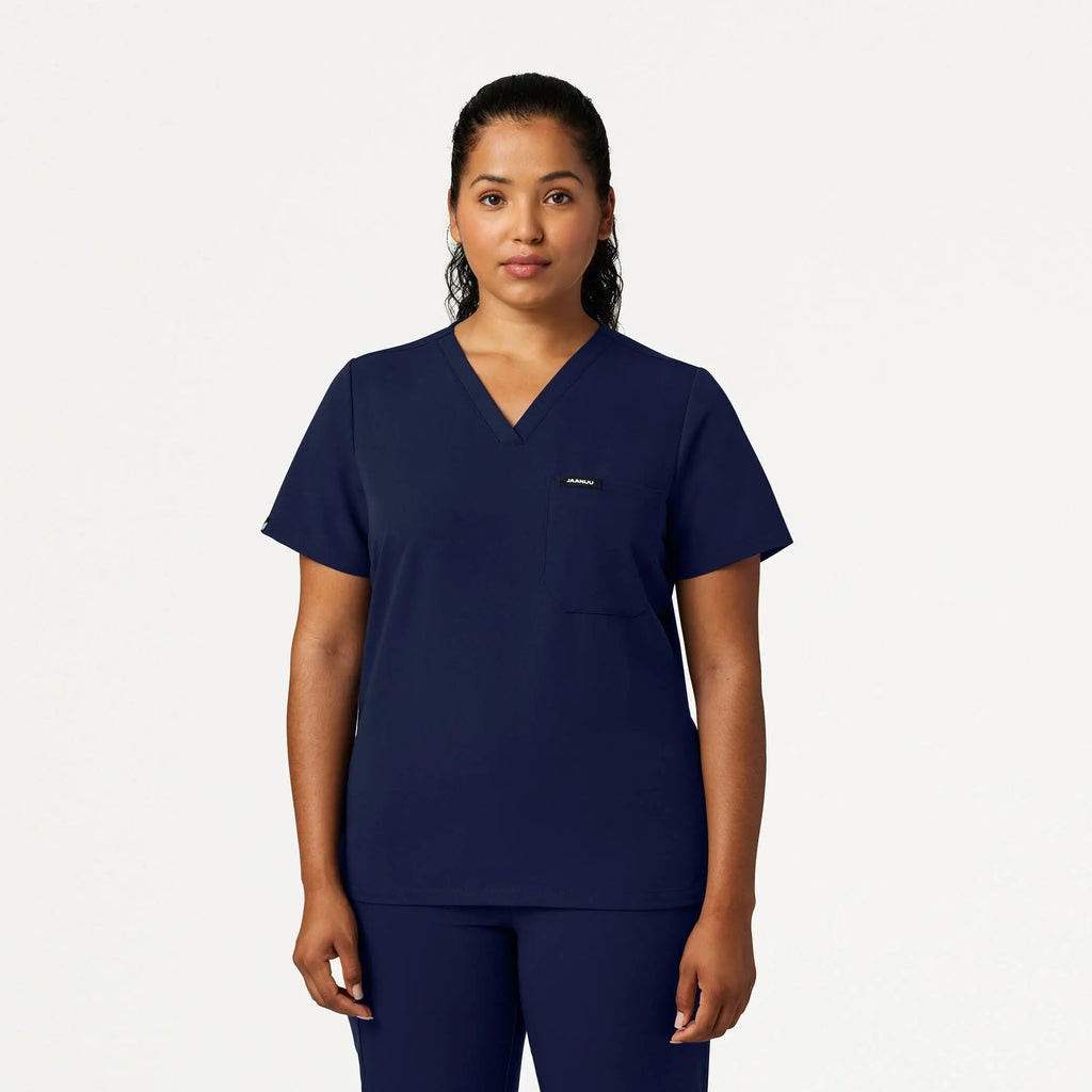 Jaanuu Scrubs Women's Rhena Slim Essential 1-Pocket Scrub Top Midnight Navy | scrub-supply.com