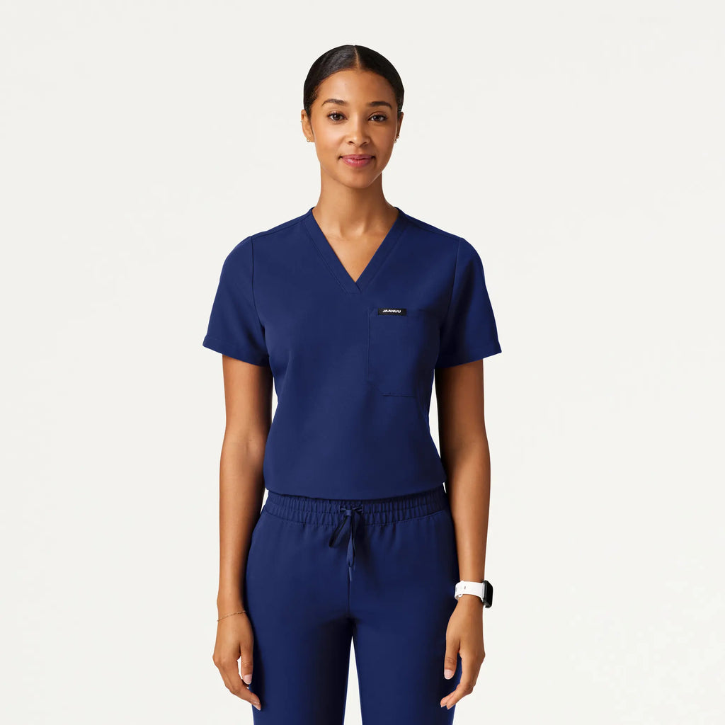 Jaanuu Scrubs Women's Rhena Slim Essential 1-Pocket Scrub Top Navy Blue | scrub-supply.com