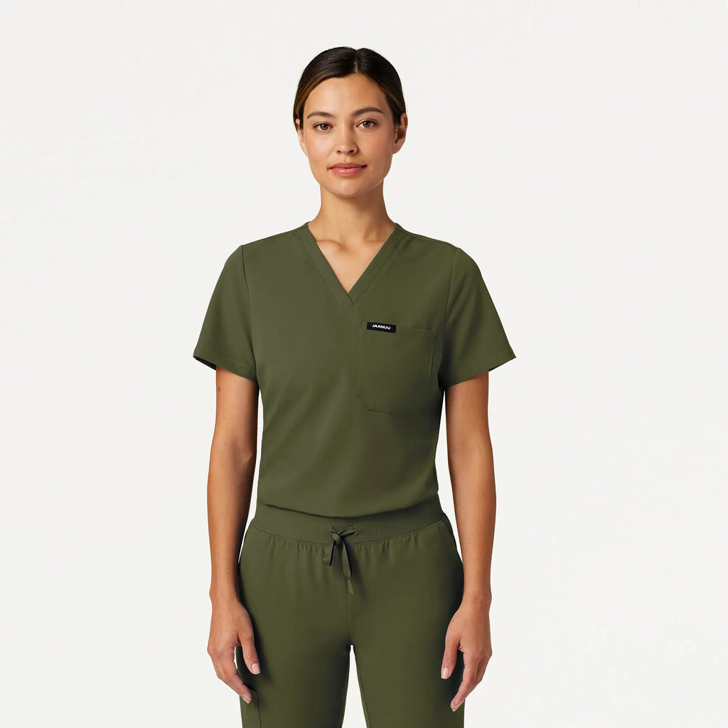 Jaanuu Scrubs Women's Rhena Slim Essential 1-Pocket Scrub Top Olive | scrub-supply.com