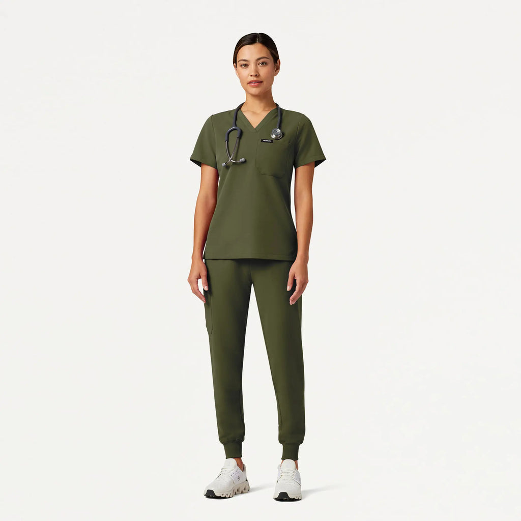 Jaanuu Scrubs Women's Rhena Slim Essential 1-Pocket Scrub Top Olive | scrub-supply.com