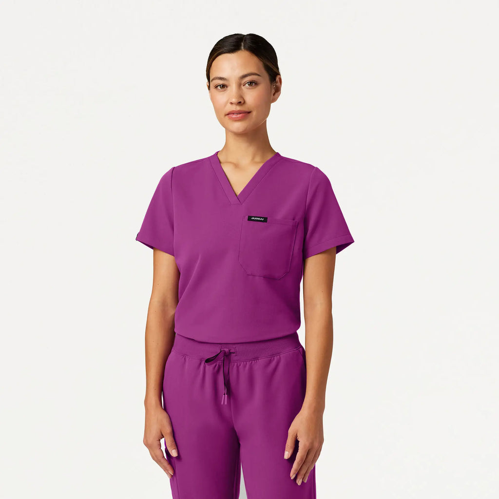 Jaanuu Scrubs Women's Rhena Slim Essential 1-Pocket Scrub Top Vivid Purple | scrub-supply.com