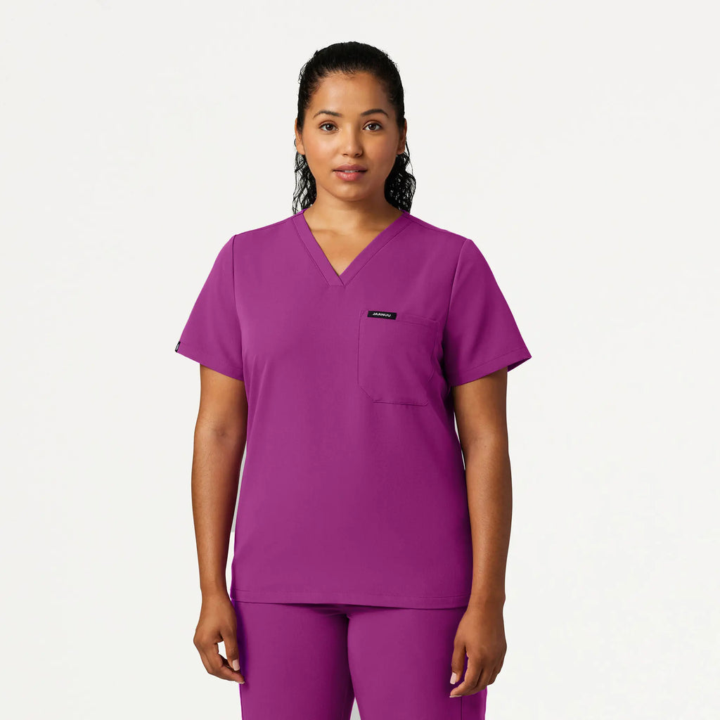 Jaanuu Scrubs Women's Rhena Slim Essential 1-Pocket Scrub Top Vivid Purple | scrub-supply.com