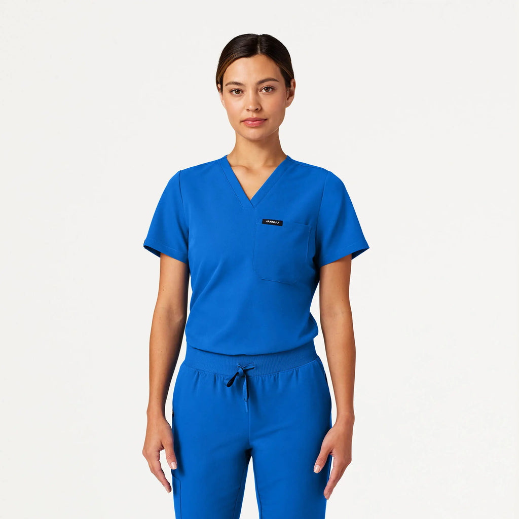 Jaanuu Scrubs Women's Rhena Slim Essential 1-Pocket Scrub Top Royal Blue | scrub-supply.com