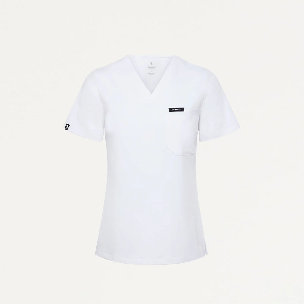 Jaanuu Scrubs Women's Rhena Slim Essential 1-Pocket Scrub Top White | scrub-supply.com