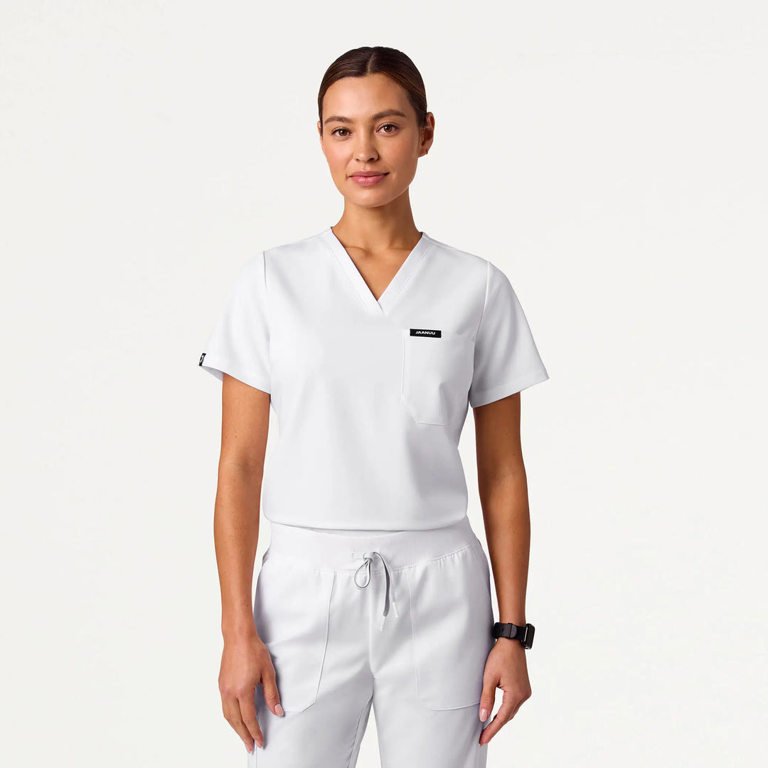 Jaanuu Scrubs Women's Rhena Slim 1-Pocket Scrub Top White | scrub-supply.com