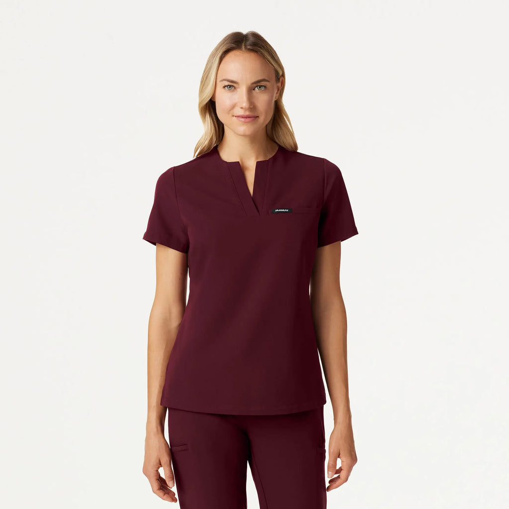 Jaanuu Scrubs Women's Andra Slim 1-Pocket Scrub Top Burgundy | scrub-supply.com