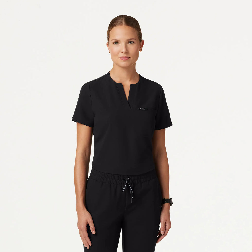 Jaanuu Scrubs Women's Andra Slim 1-Pocket Scrub Top Black | scrub-supply.com