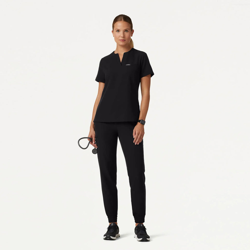 Jaanuu Scrubs Women's Andra Slim 1-Pocket Scrub Top Black | scrub-supply.com