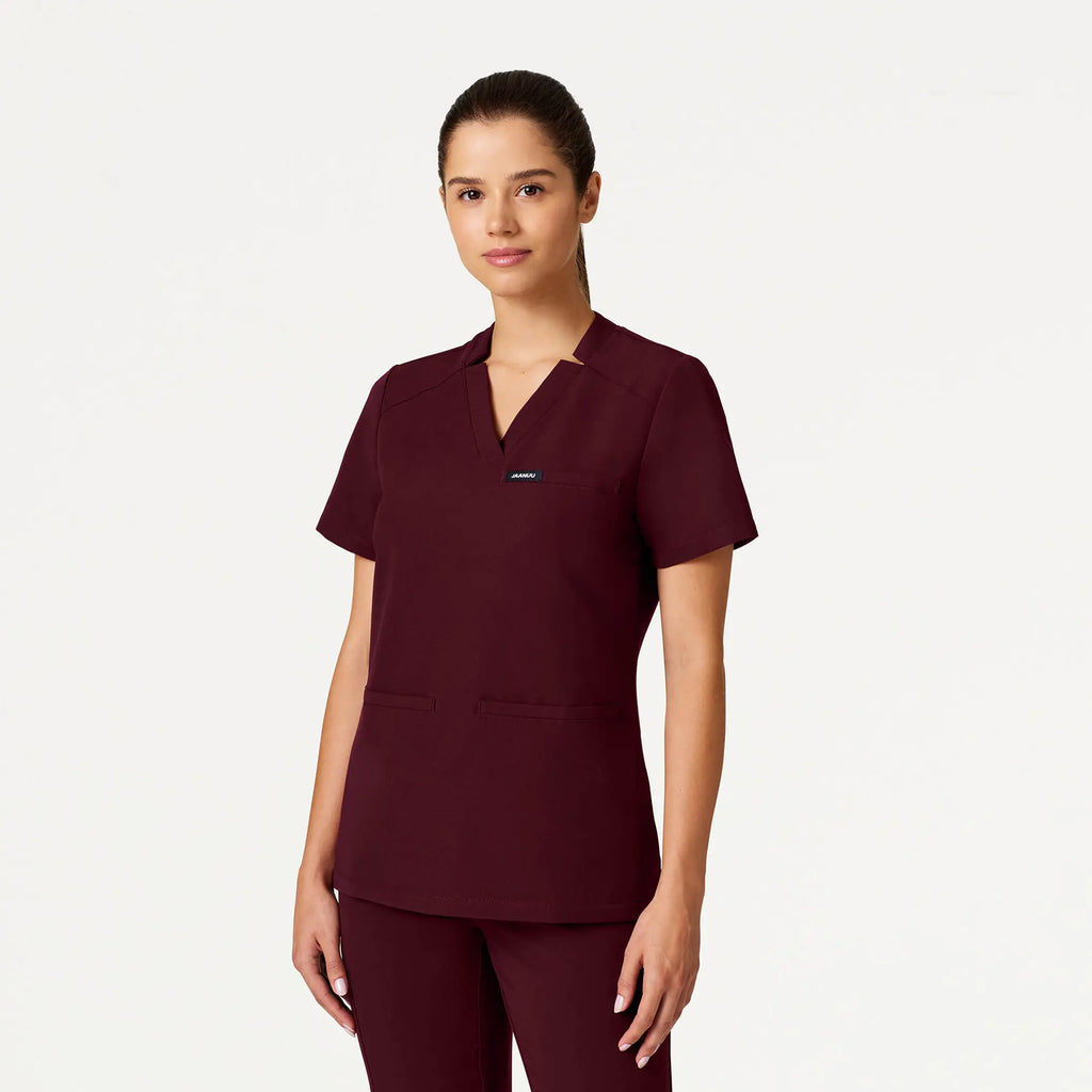 Jaanuu Scrubs Women's Helia Slim Notched V-Neck Scrub Top Burgundy | scrub-supply.com