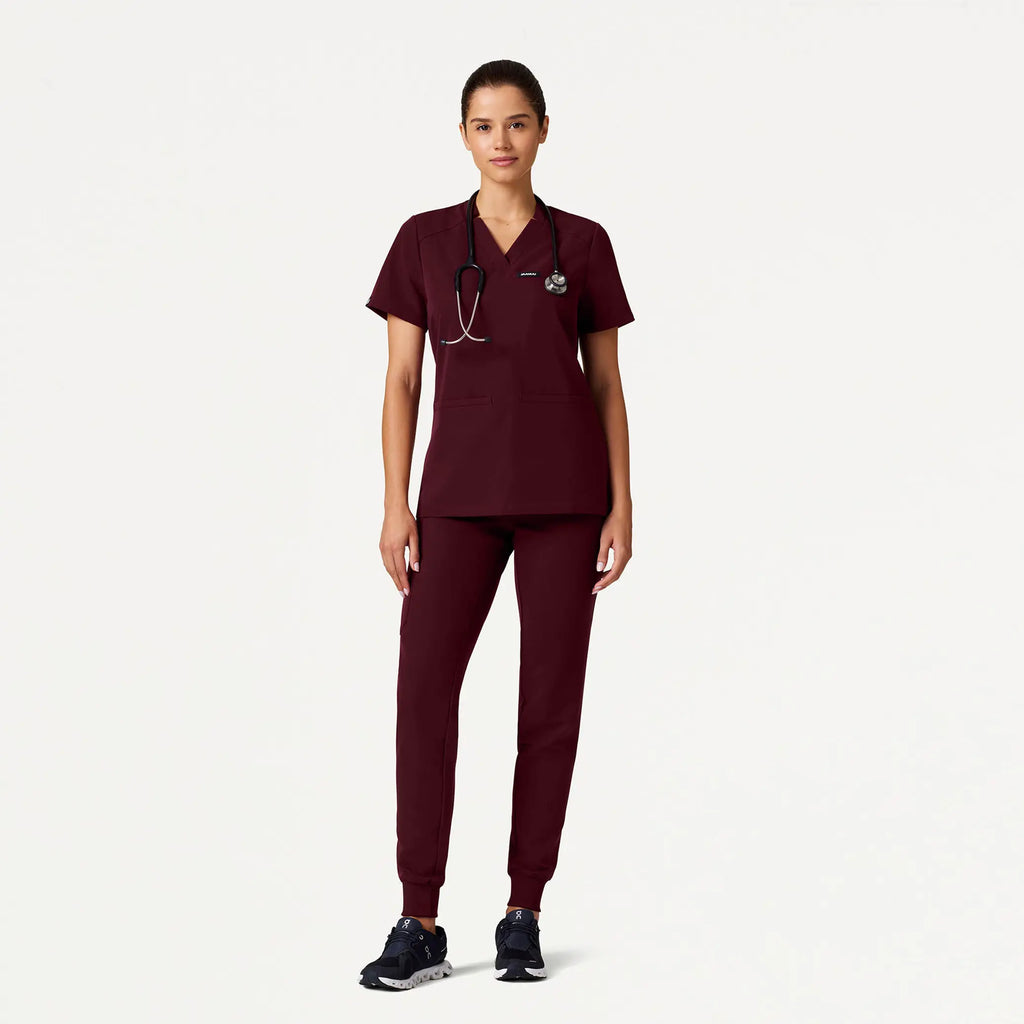 Jaanuu Scrubs Women's Helia Slim Notched V-Neck Scrub Top Burgundy | scrub-supply.com