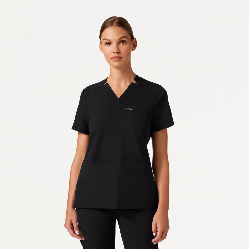 Jaanuu Scrubs Women's Helia Slim Notched V-Neck Scrub Top Black | scrub-supply.com