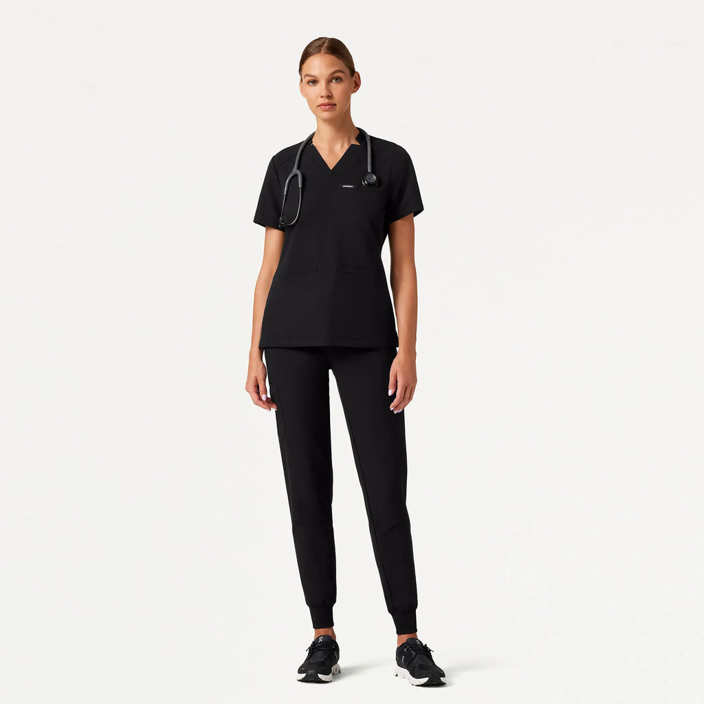 Jaanuu Scrubs Women's Helia Slim Notched V-Neck Scrub Top Black | scrub-supply.com