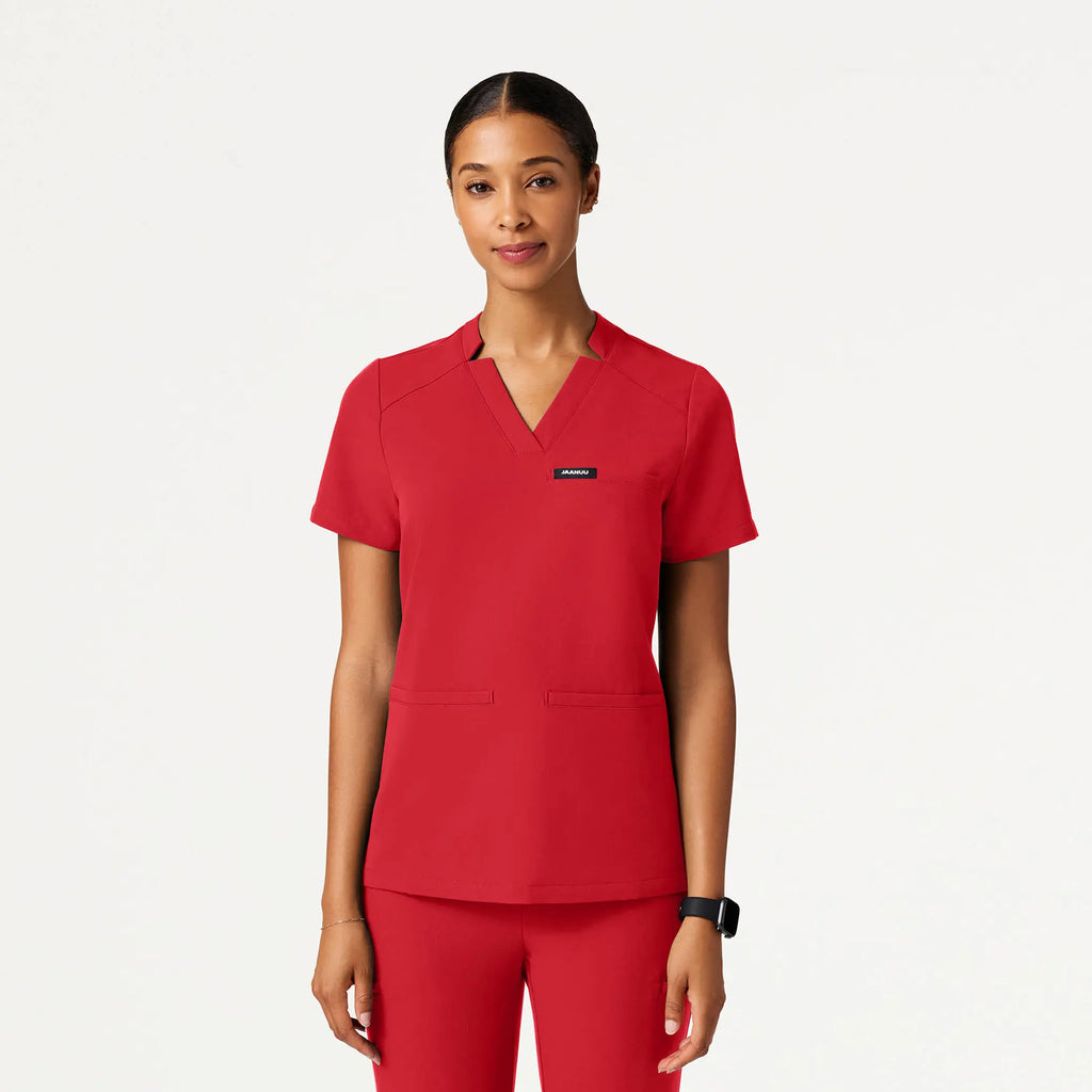 Jaanuu Scrubs Women's Helia Slim Notched V-Neck Scrub Top Brilliant Red | scrub-supply.com