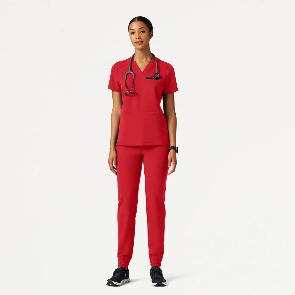 Jaanuu Scrubs Women's Helia Slim Notched V-Neck Scrub Top Brilliant Red | scrub-supply.com