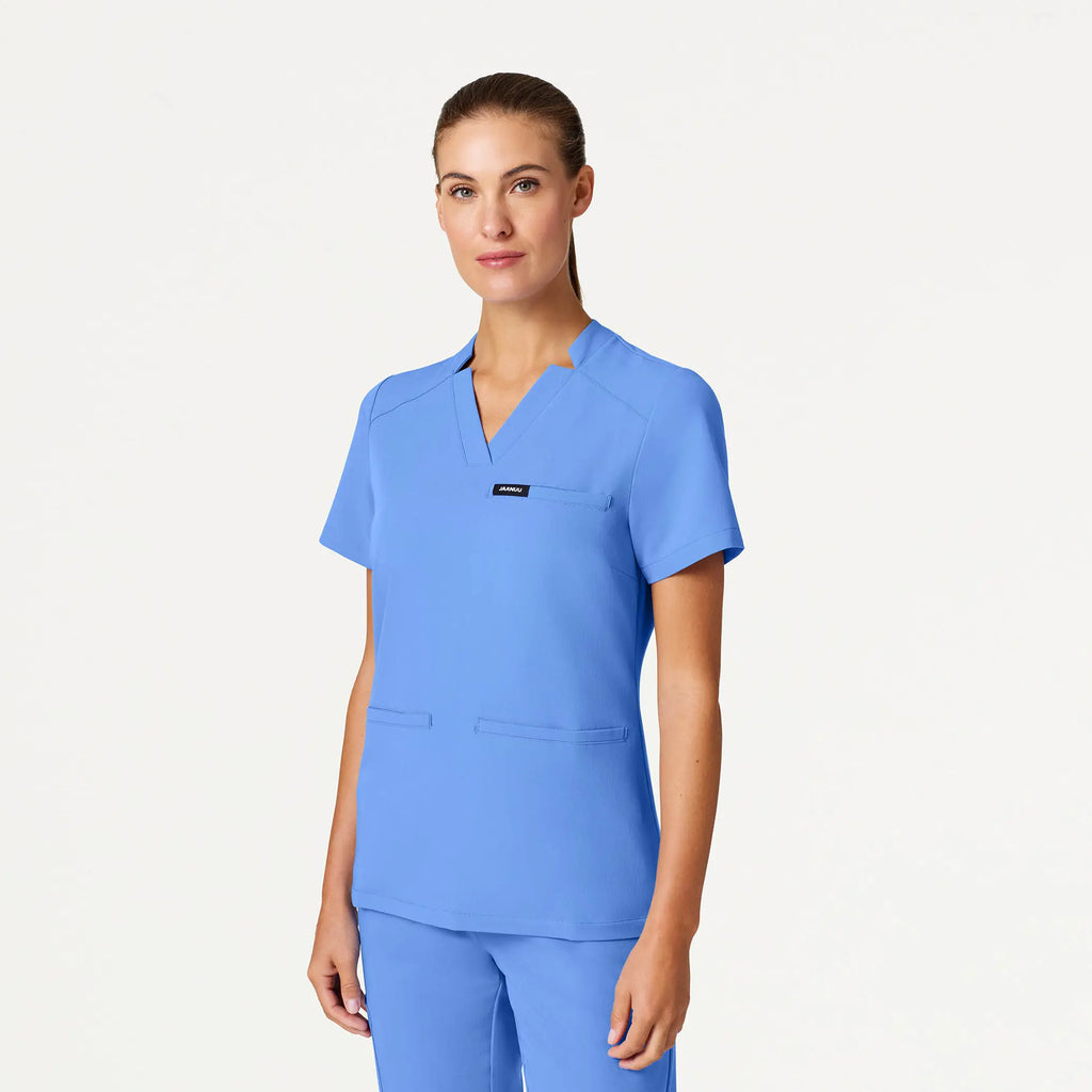 Jaanuu Scrubs Women's Helia Slim Notched V-Neck Scrub Top Ceil Blue | scrub-supply.com