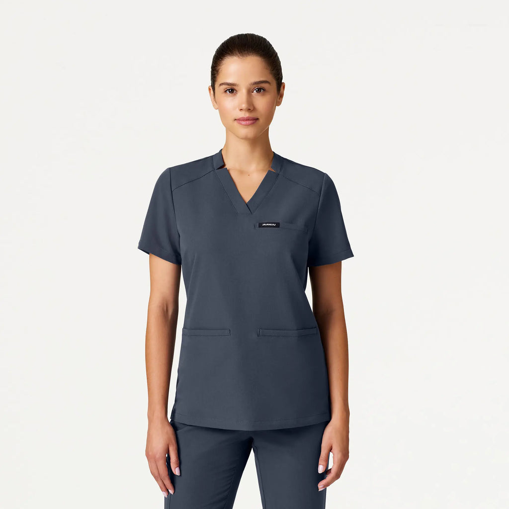 Jaanuu Scrubs Women's Helia Slim Notched V-Neck Scrub Top Carbon Gray | scrub-supply.com