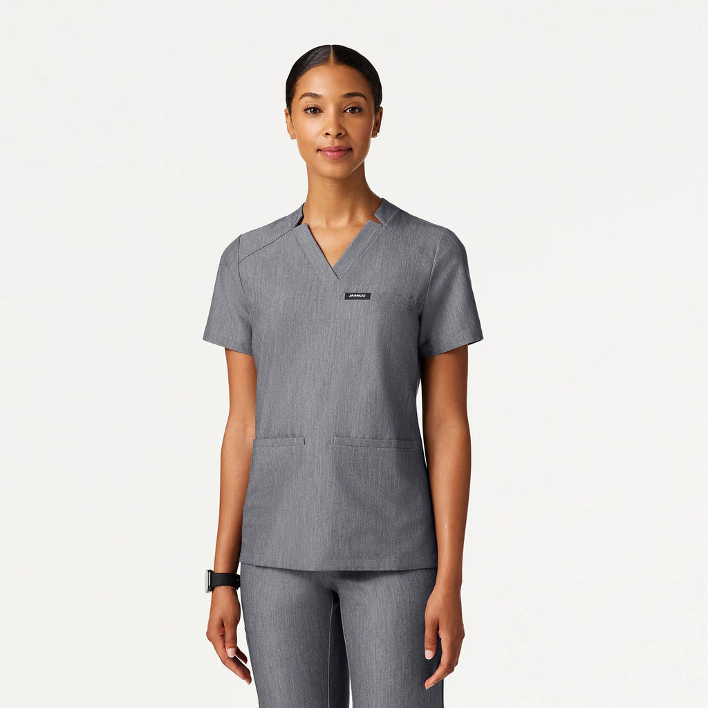 Jaanuu Scrubs Women's Helia Slim Notched V-Neck Scrub Top Heather Gray | scrub-supply.com