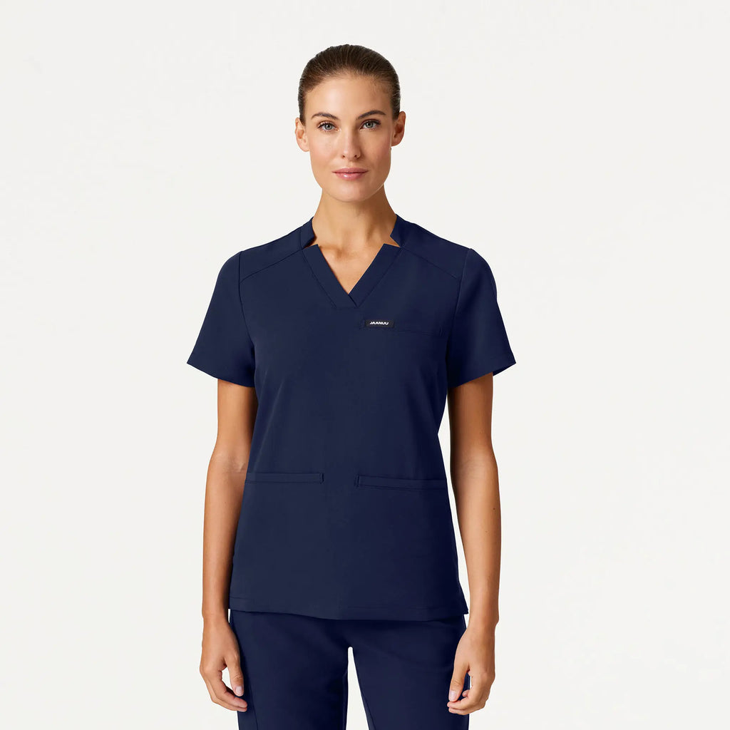 Jaanuu Scrubs Women's Helia Slim Notched V-Neck Scrub Top Midnight Navy | scrub-supply.com