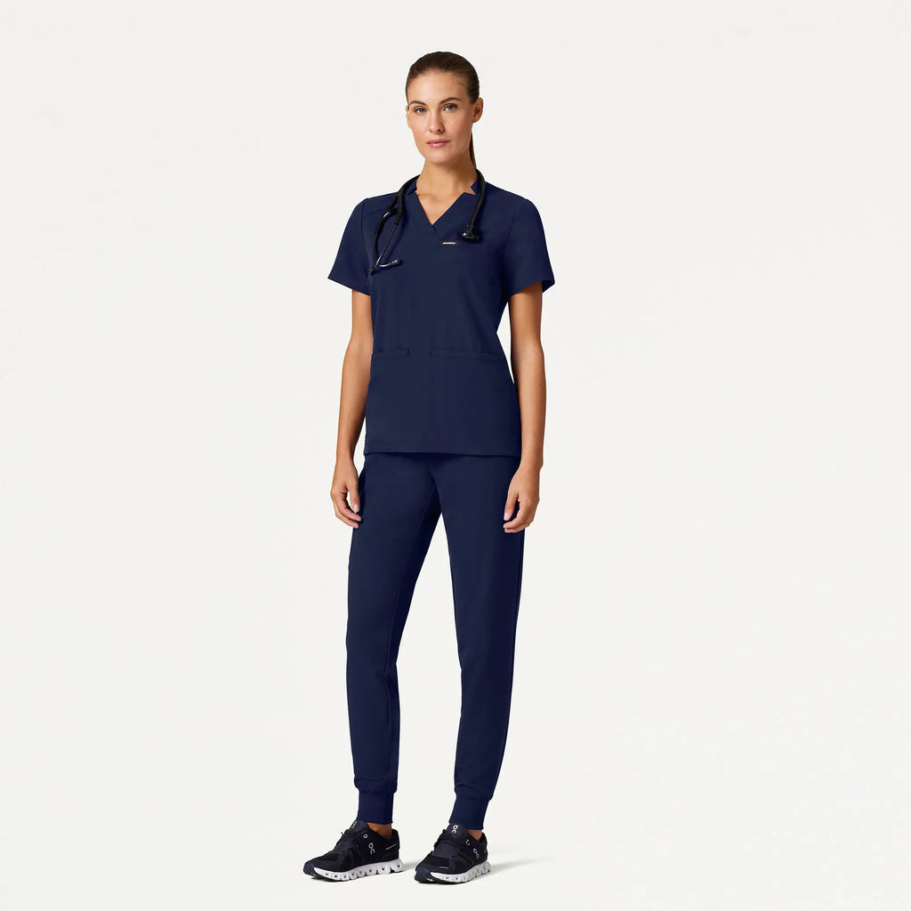 Jaanuu Scrubs Women's Helia Slim Notched V-Neck Scrub Top Midnight Navy | scrub-supply.com