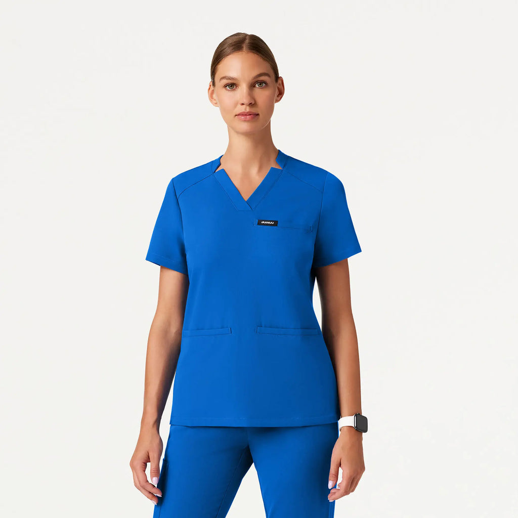 Jaanuu Scrubs Women's Helia Slim Notched V-Neck Scrub Top Royal Blue | scrub-supply.com