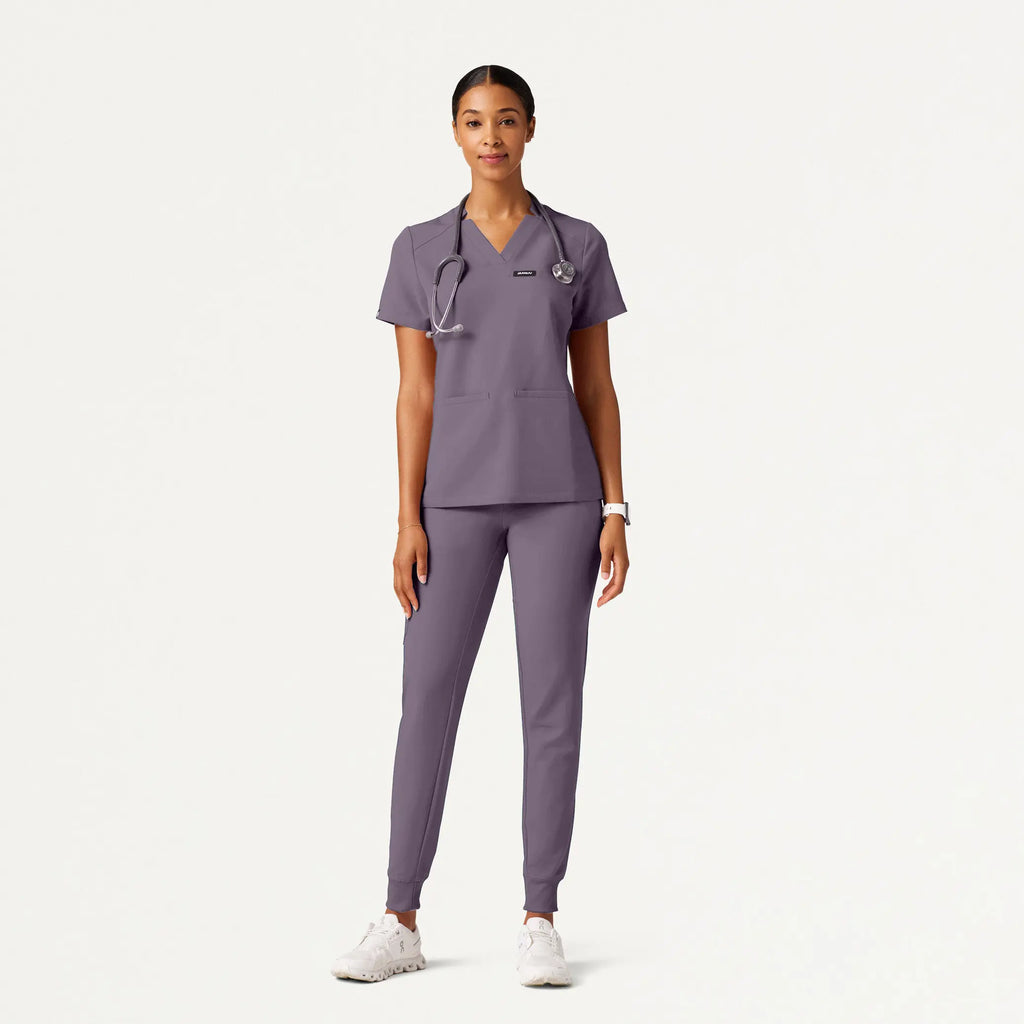Jaanuu Scrubs Women's Helia Slim Notched V-Neck Scrub Top Titanium | scrub-supply.com