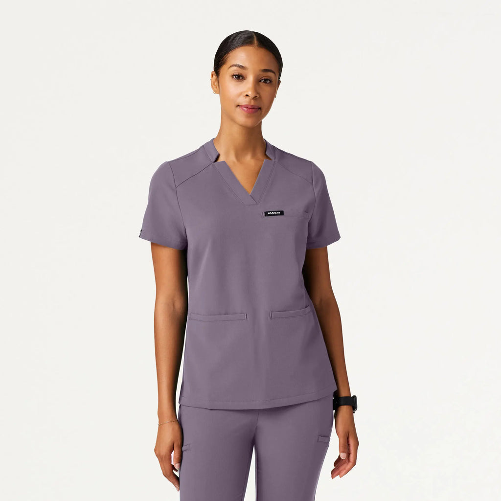 Jaanuu Scrubs Women's Helia Slim Notched V-Neck Scrub Top Titanium | scrub-supply.com
