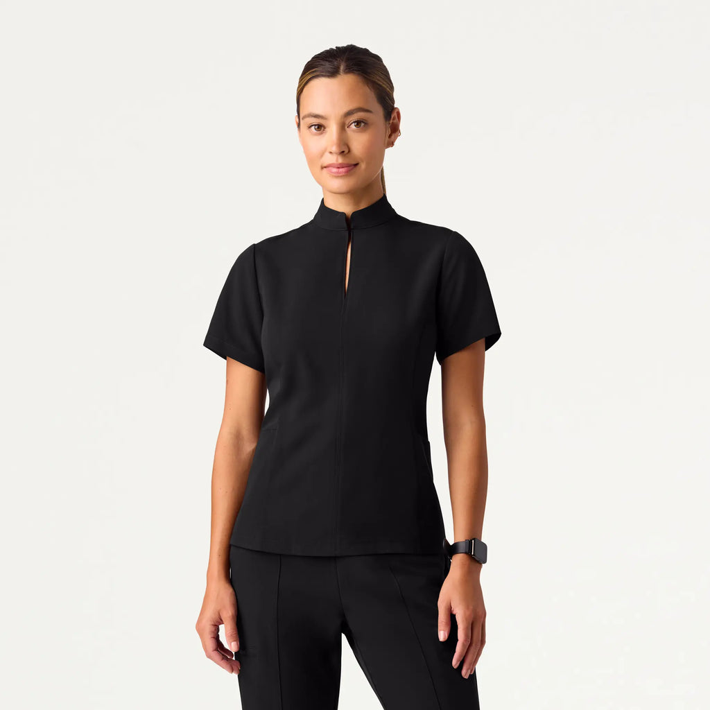 Jaanuu Scrubs Women's Aria Fit & Flare Mock-Neck Scrub Top Black | scrub-supply.com