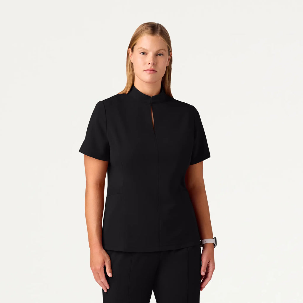 Jaanuu Scrubs Women's Aria Fit & Flare Mock-Neck Scrub Top Black | scrub-supply.com