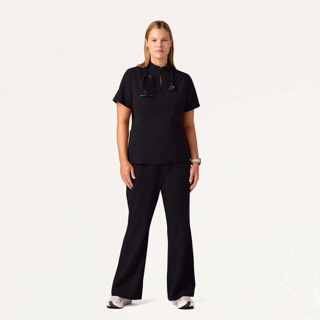 Jaanuu Scrubs Women's Aria Fit & Flare Mock-Neck Scrub Top Black | scrub-supply.com