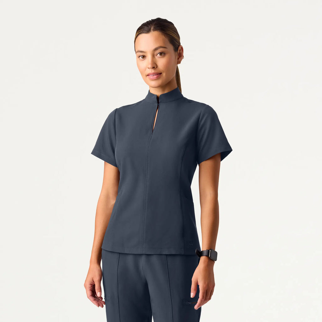 Jaanuu Scrubs Women's Aria Fit & Flare Mock-Neck Scrub Top Carbon Gray | scrub-supply.com