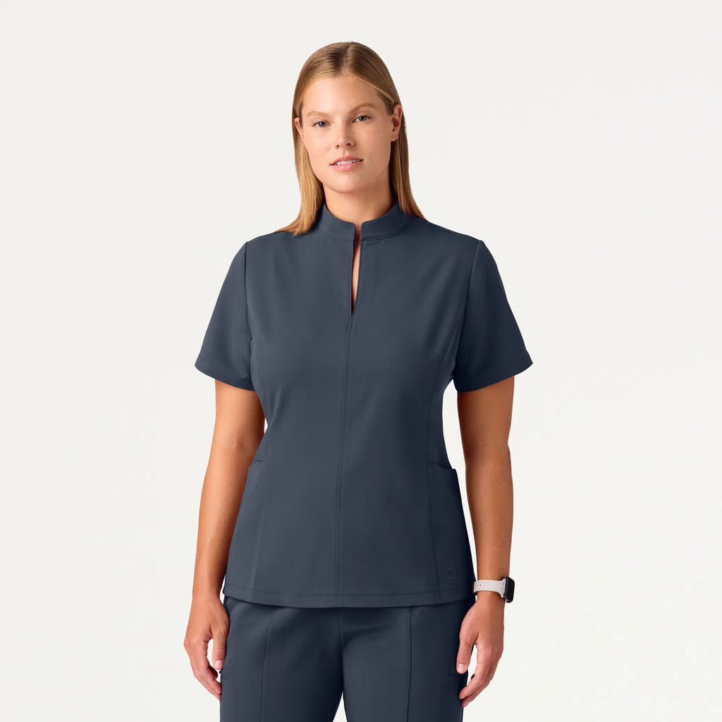 Jaanuu Scrubs Women's Aria Fit & Flare Mock-Neck Scrub Top Carbon Gray | scrub-supply.com