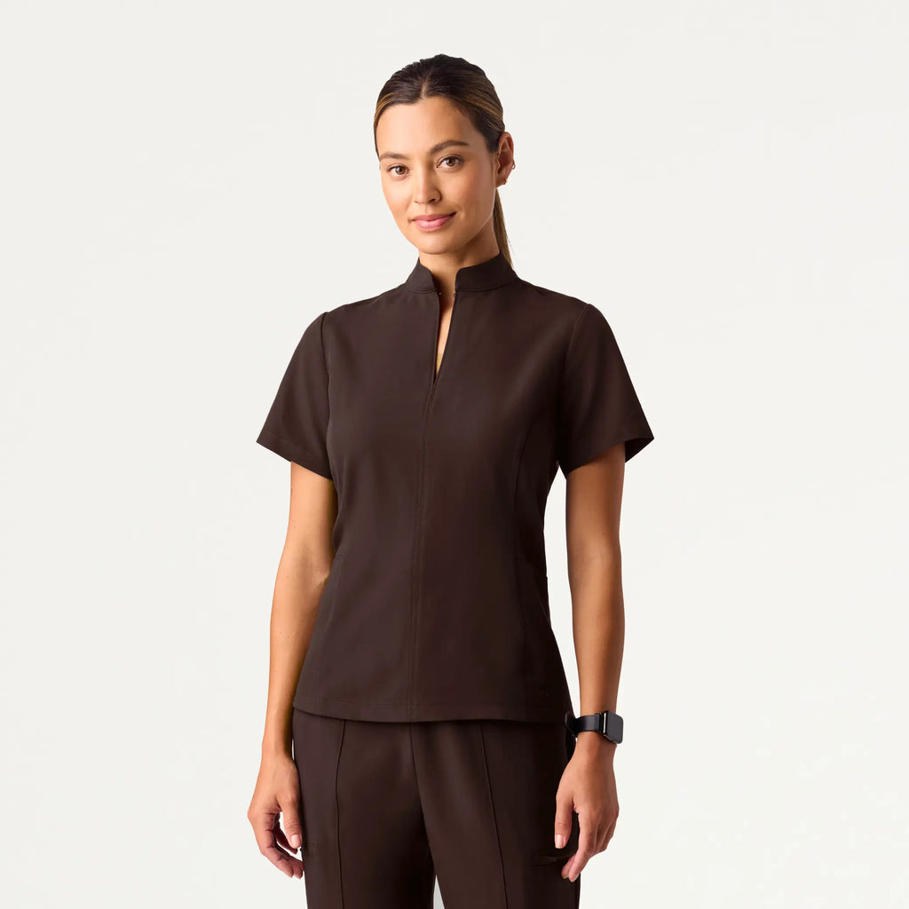 Jaanuu Scrubs Women's Aria Fit & Flare Mock-Neck Scrub Top Dark Brown | scrub-supply.com