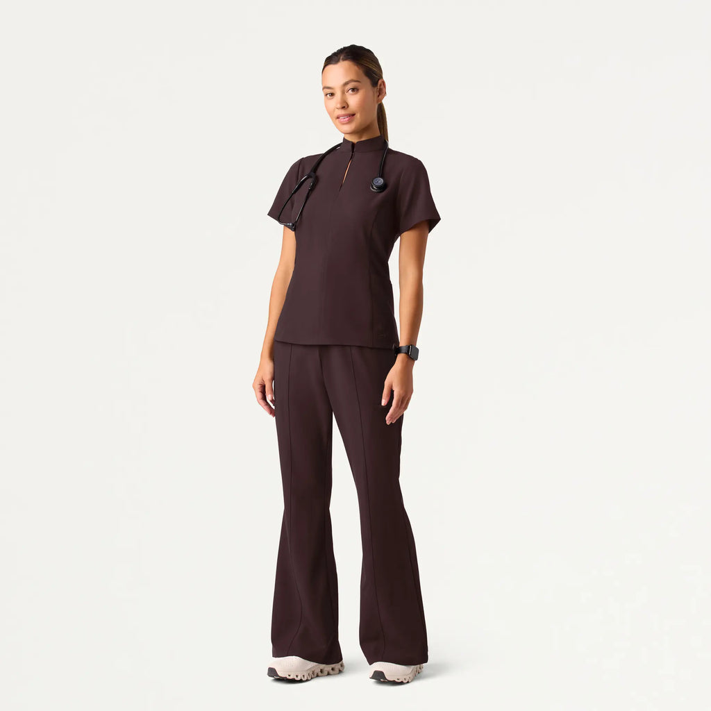 Jaanuu Scrubs Women's Aria Fit & Flare Mock-Neck Scrub Top Dark Brown | scrub-supply.com