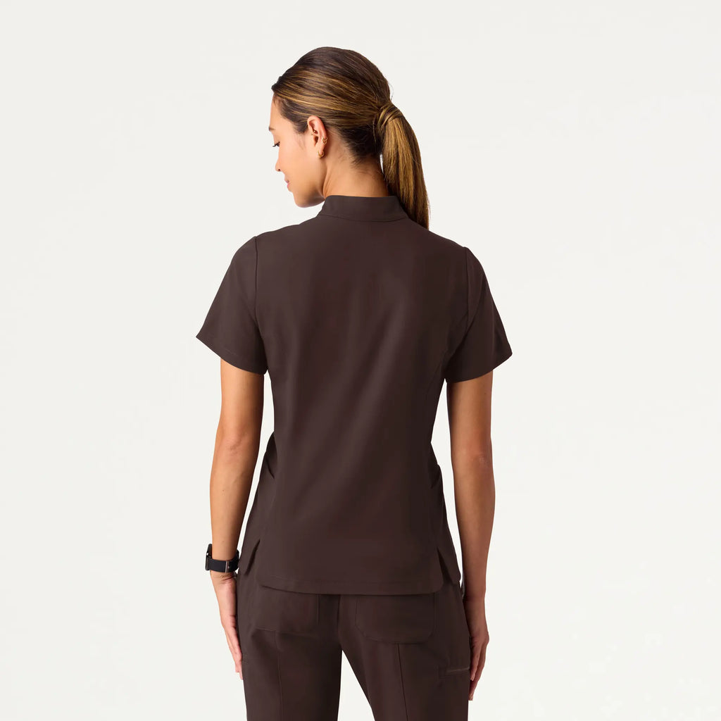 Jaanuu Scrubs Women's Aria Fit & Flare Mock-Neck Scrub Top Dark Brown | scrub-supply.com