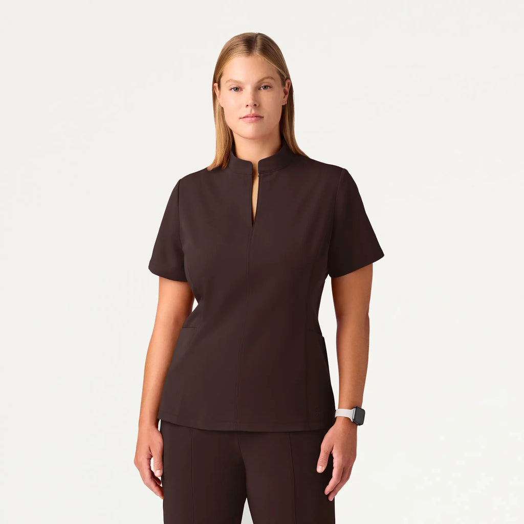 Jaanuu Scrubs Women's Aria Fit & Flare Mock-Neck Scrub Top Dark Brown | scrub-supply.com