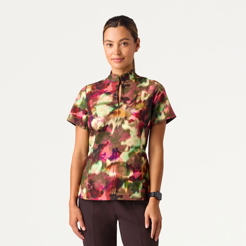 Jaanuu Scrubs Women's Aria Fit & Flare Mock-Neck Scrub Top Floral Haze | scrub-supply.com