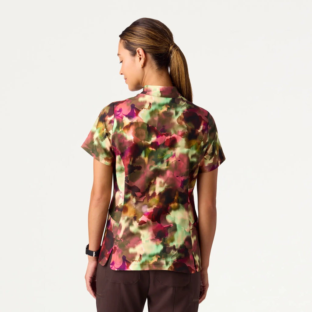 Jaanuu Scrubs Women's Aria Fit & Flare Mock-Neck Scrub Top Floral Haze | scrub-supply.com