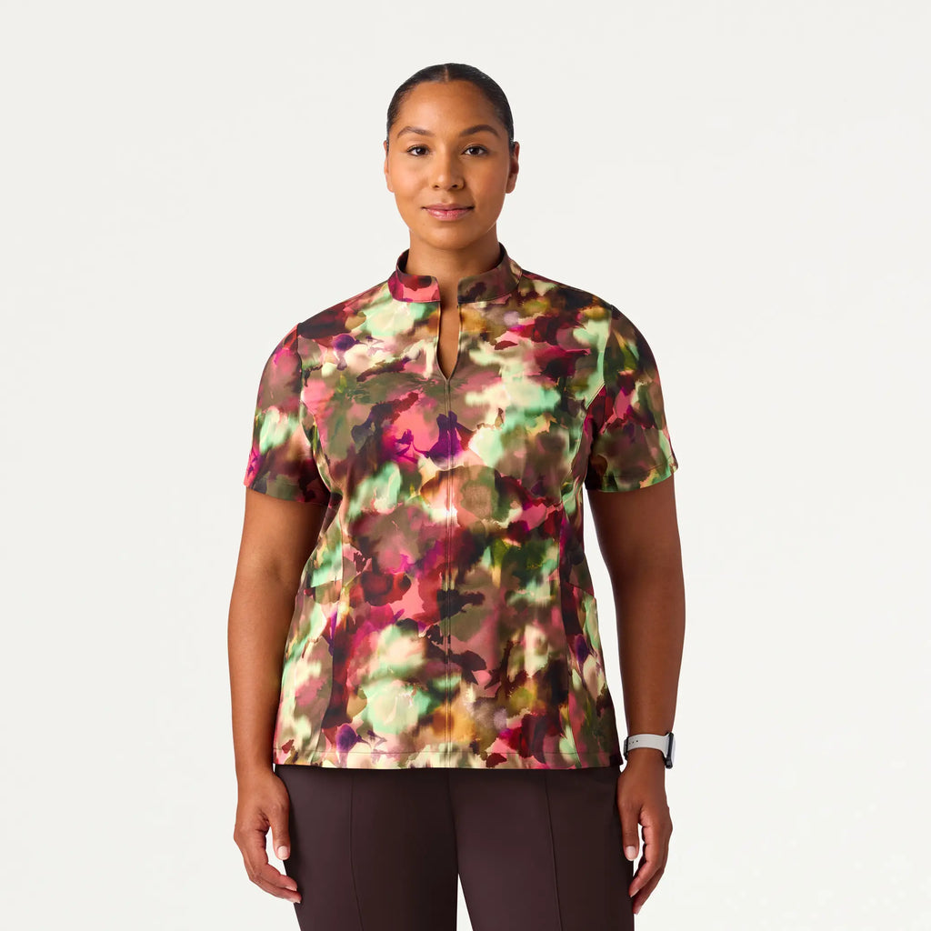 Jaanuu Scrubs Women's Aria Fit & Flare Mock-Neck Scrub Top Floral Haze | scrub-supply.com