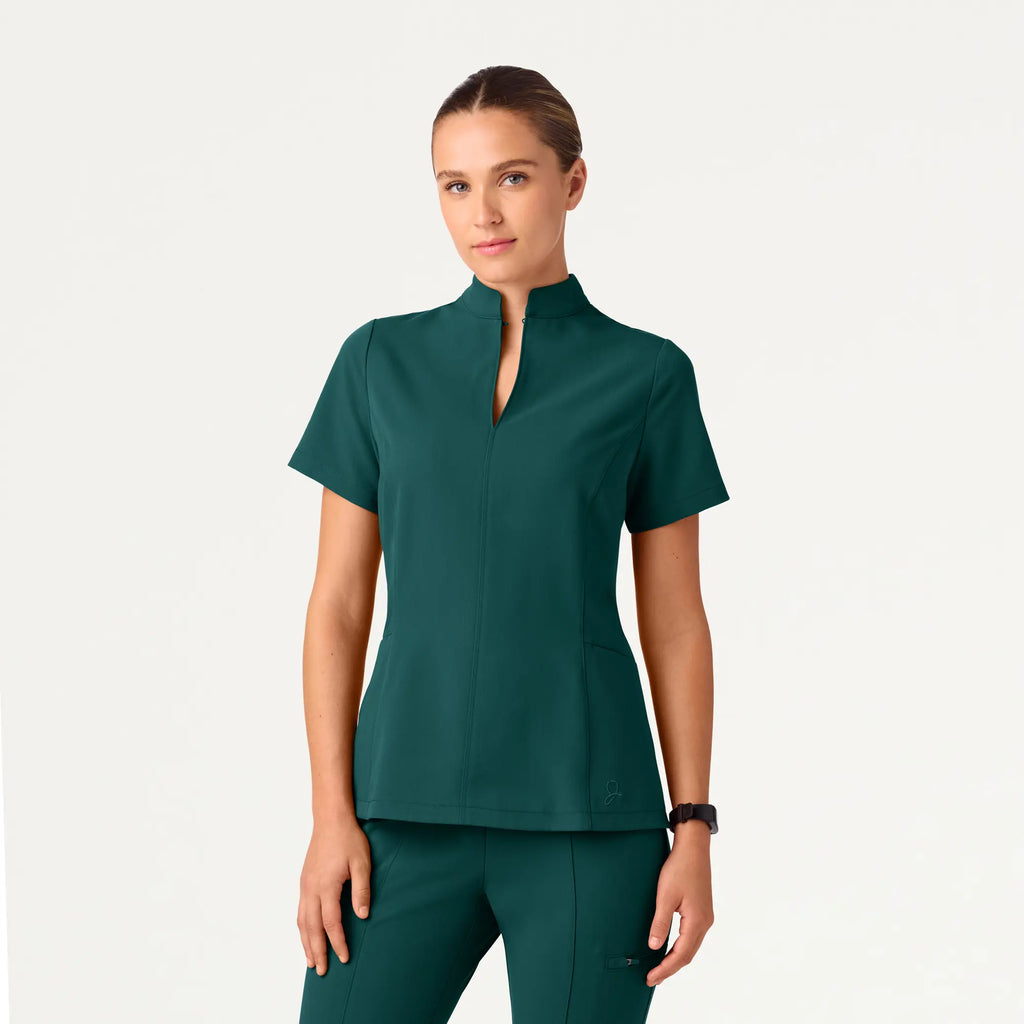 Jaanuu Scrubs Women's Aria Fit & Flare Mock-Neck Scrub Top Midnight Green | scrub-supply.com