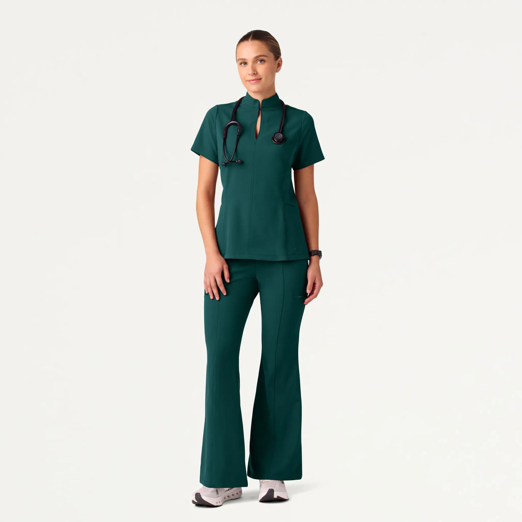 Jaanuu Scrubs Women's Aria Fit & Flare Mock-Neck Scrub Top Midnight Green | scrub-supply.com