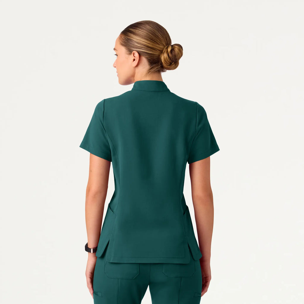 Jaanuu Scrubs Women's Aria Fit & Flare Mock-Neck Scrub Top Midnight Green | scrub-supply.com