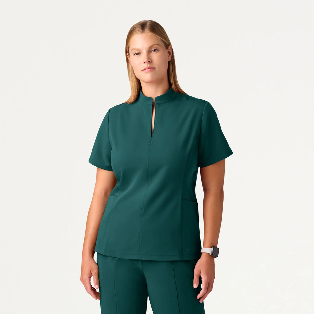 Jaanuu Scrubs Women's Aria Fit & Flare Mock-Neck Scrub Top Midnight Green | scrub-supply.com