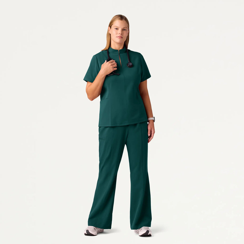 Jaanuu Scrubs Women's Aria Fit & Flare Mock-Neck Scrub Top Midnight Green | scrub-supply.com