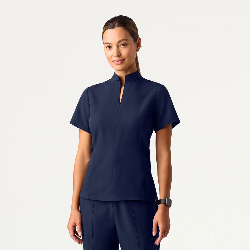 Jaanuu Scrubs Women's Aria Fit & Flare Mock-Neck Scrub Top Midnight Navy | scrub-supply.com