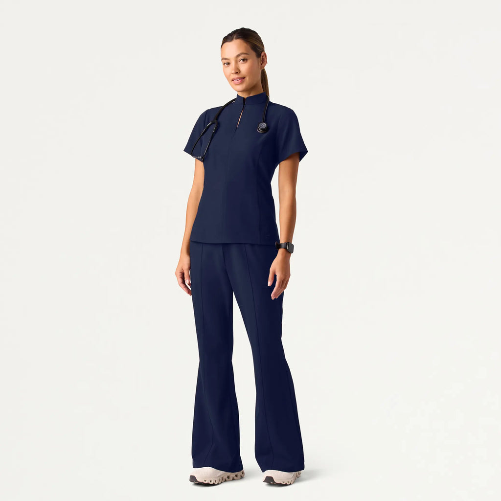 Jaanuu Scrubs Women's Aria Fit & Flare Mock-Neck Scrub Top Midnight Navy | scrub-supply.com