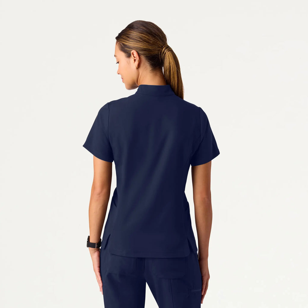 Jaanuu Scrubs Women's Aria Fit & Flare Mock-Neck Scrub Top Midnight Navy | scrub-supply.com